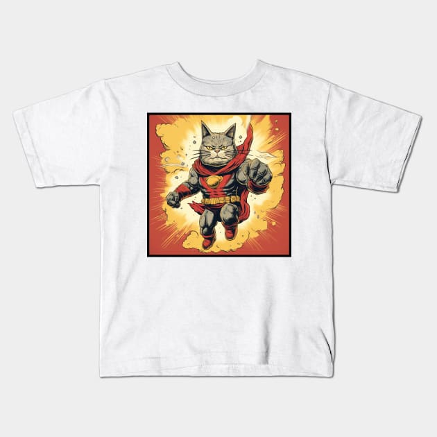 Superhero Cat Funny Cartoon Vintage Cat Superhero Drawing Kids T-Shirt by OscarVanHendrix